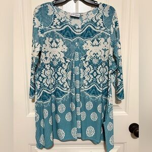 Attitudes by Renee Petite Teal and Cream Floral Blouse